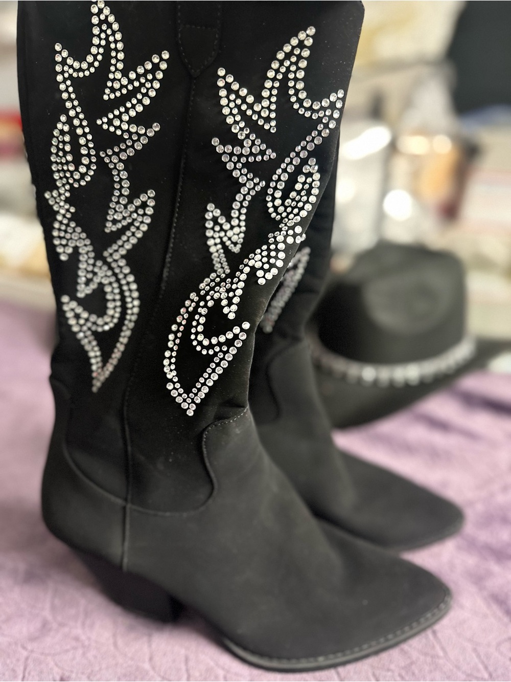 Women's Black Rhinestone Western Combat Boots she in boots
